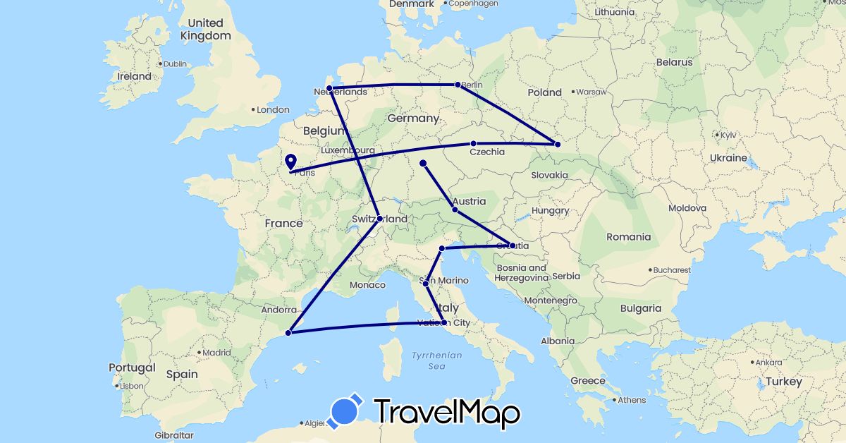 TravelMap itinerary: driving in Austria, Switzerland, Czech Republic, Germany, Spain, France, Croatia, Italy, Netherlands, Poland (Europe)